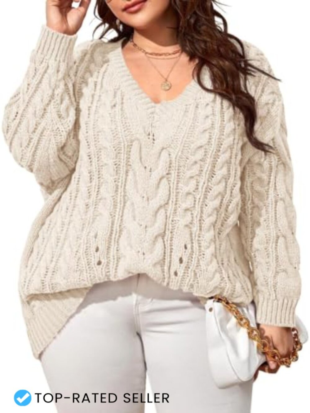 Plus Size Cable Knit Sweater V Neck Long Sleeve Pullover